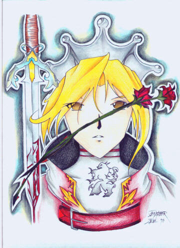 Ugh, this 'un looks a little washed out don't you think? Well, I have a perfectly reasonable answer! Whenever I save my pics as jpgs...they always get this greenish tinge which may be because of the compression...but I doubt it...sooooo, I have to modify the color balance which makes all the colors more 'pale'...that really pisses me off~_~...but if anyone out there can tell me how to keep the green off me art, then email me!!!! anyway....